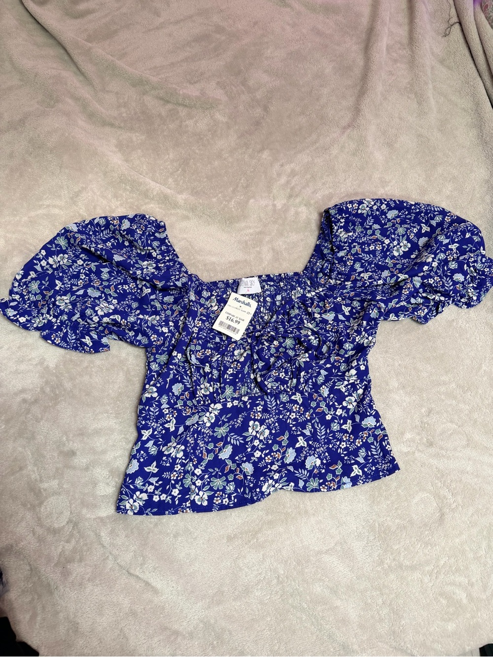 Sienna Sky Blue Floral Puff Sleeve Square Neck Top